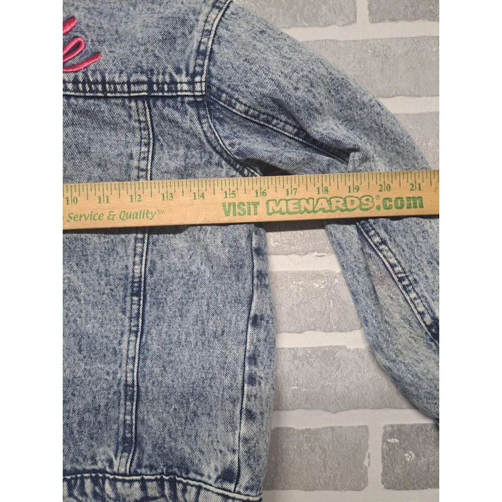 Barbie Girl's Blue Acid Wash Pink Embroidered Jean Denim Jacket Girl Size Medium